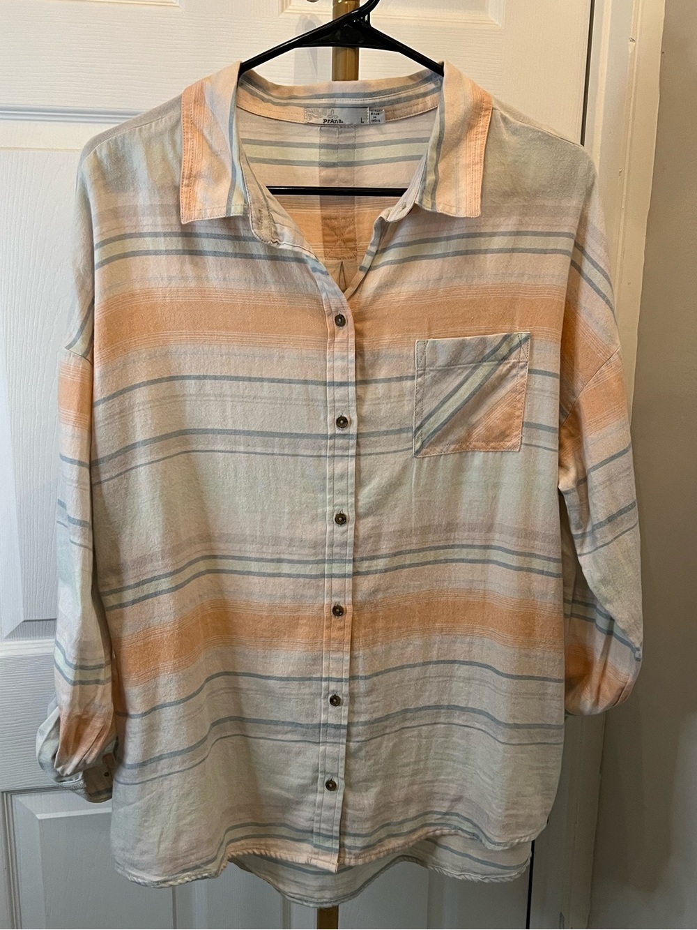 Prana Striped Button-Down Shirt in Peach, Light Blue and Cream